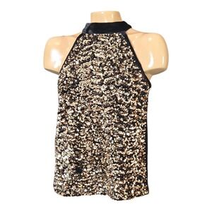 Cable & Gauge Womens Top Black Large Velvet Gold Sequin Halter Holiday Party NWT